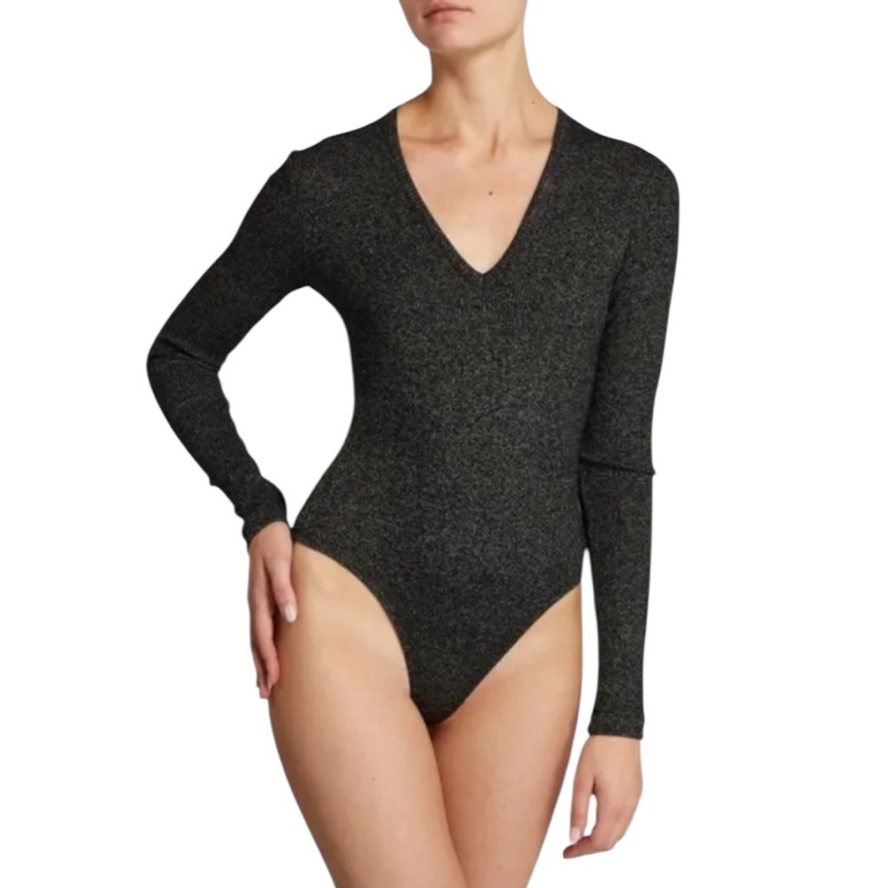 AGOLDE Tavi Mélange Rib Knit Thong Bodysuit in Salt & Pepper Size 10 or L